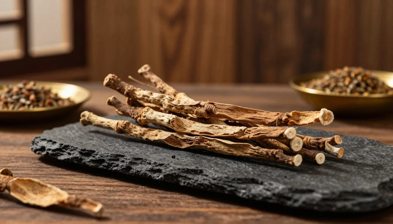 Botanical ingredient specimens on dark stone shelves under warm raked light