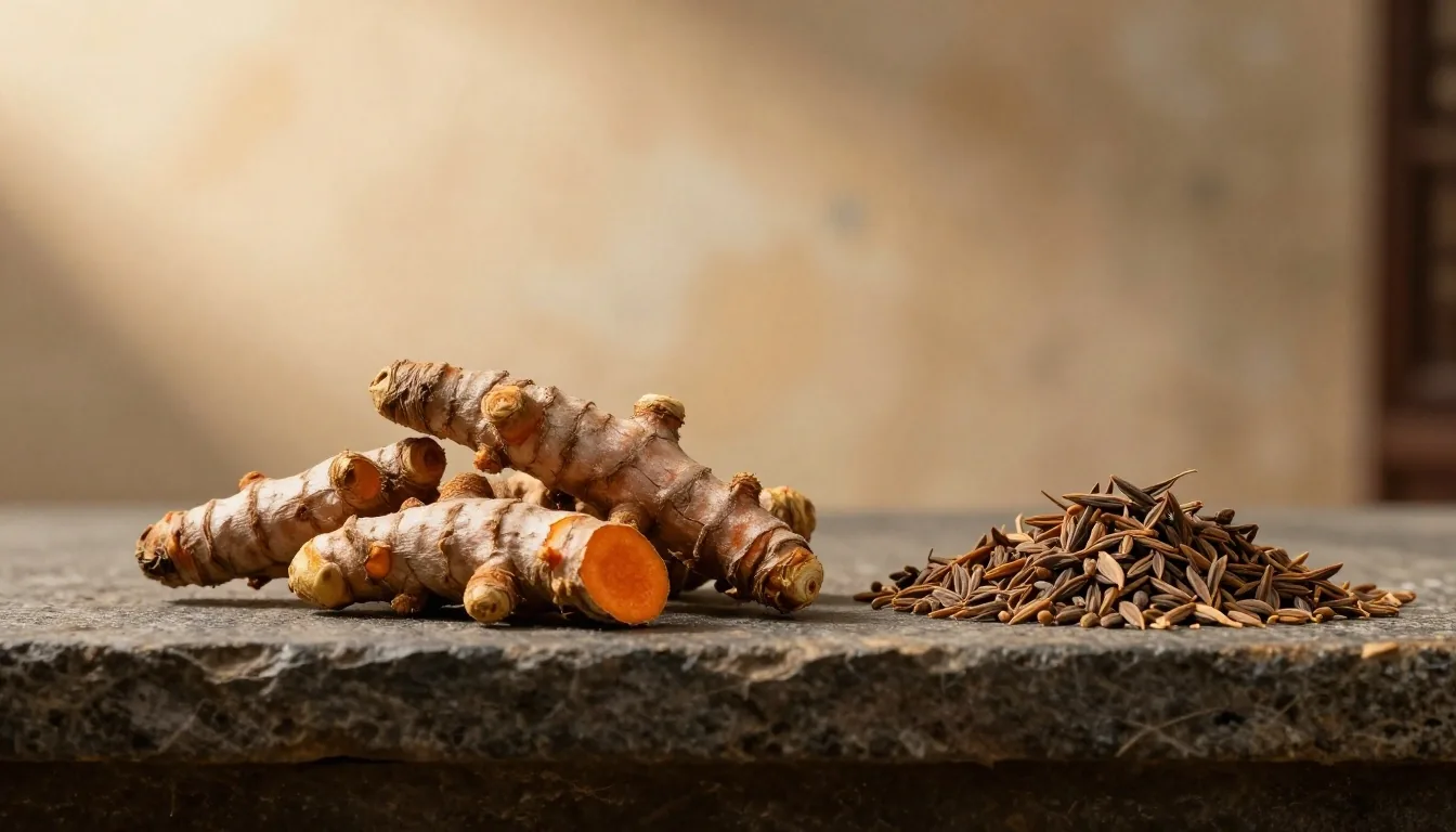 Plant-based supplement ingredients on a stone shelf