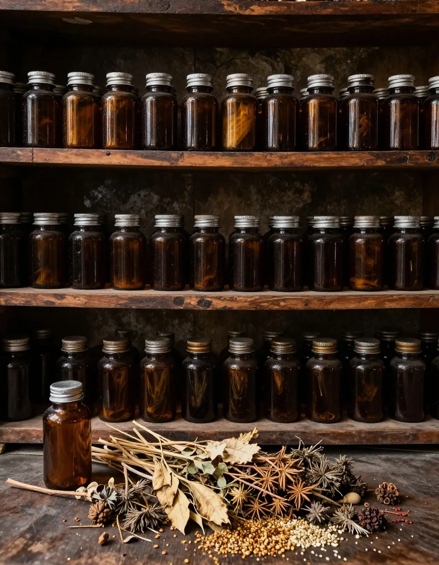 Apothecary shelf with amber glass jars