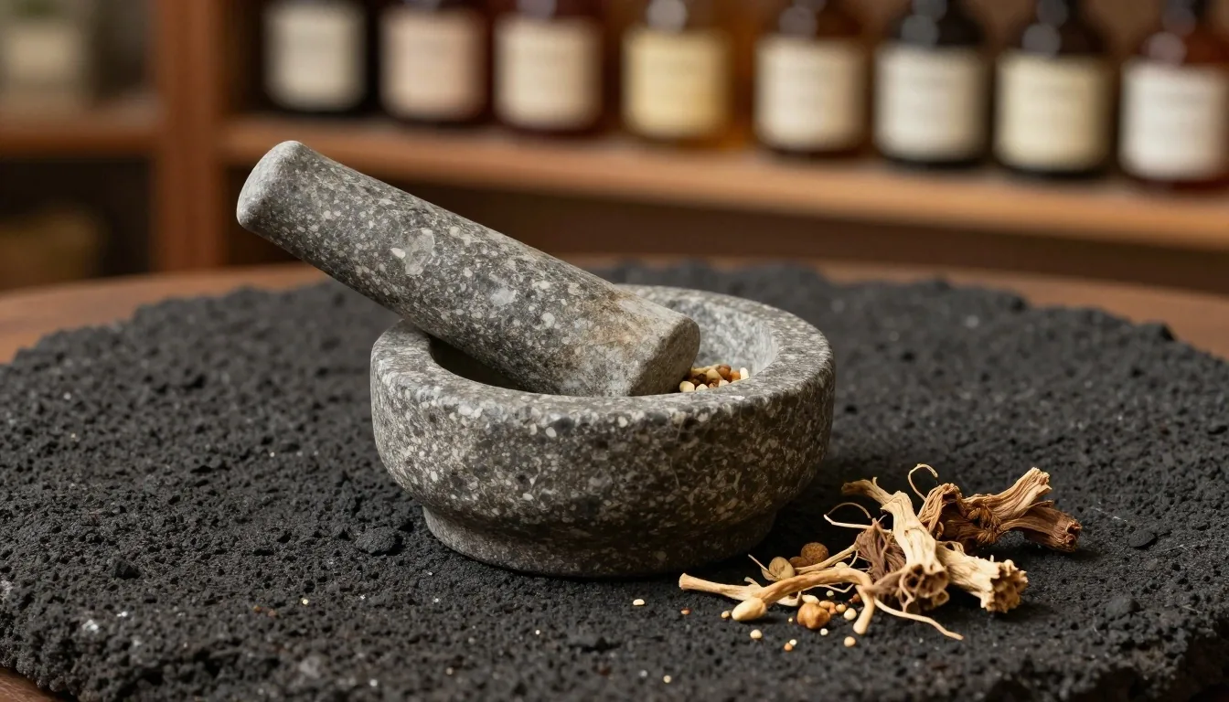 Botanical ingredients on a dark stone shelf