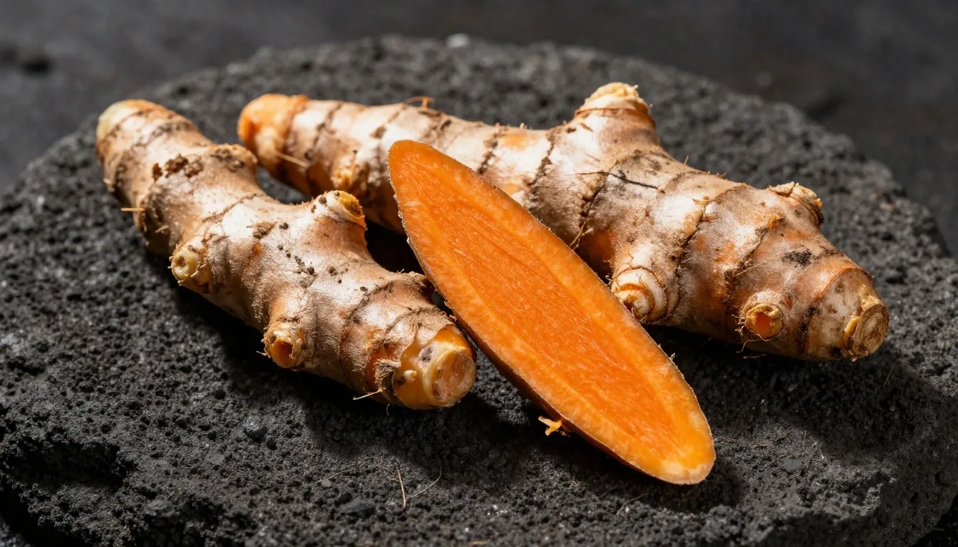Turmeric root and ginseng on dark stone