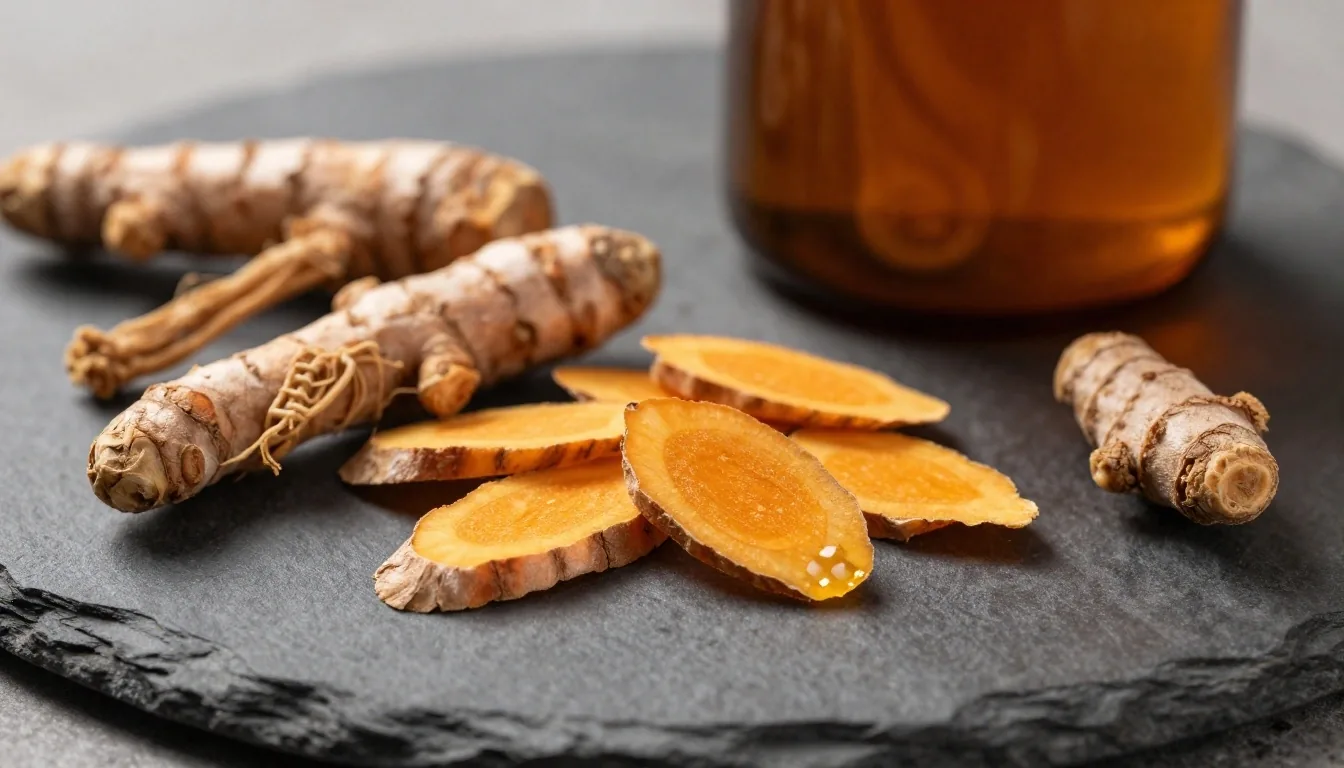 Capsules and botanical ingredients on dark stone surface